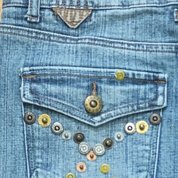 Jou Jou Skirt Women 30W (9/10) Stud Button Embellished Midi Denim Jean Whisker - Picture 8 of 15